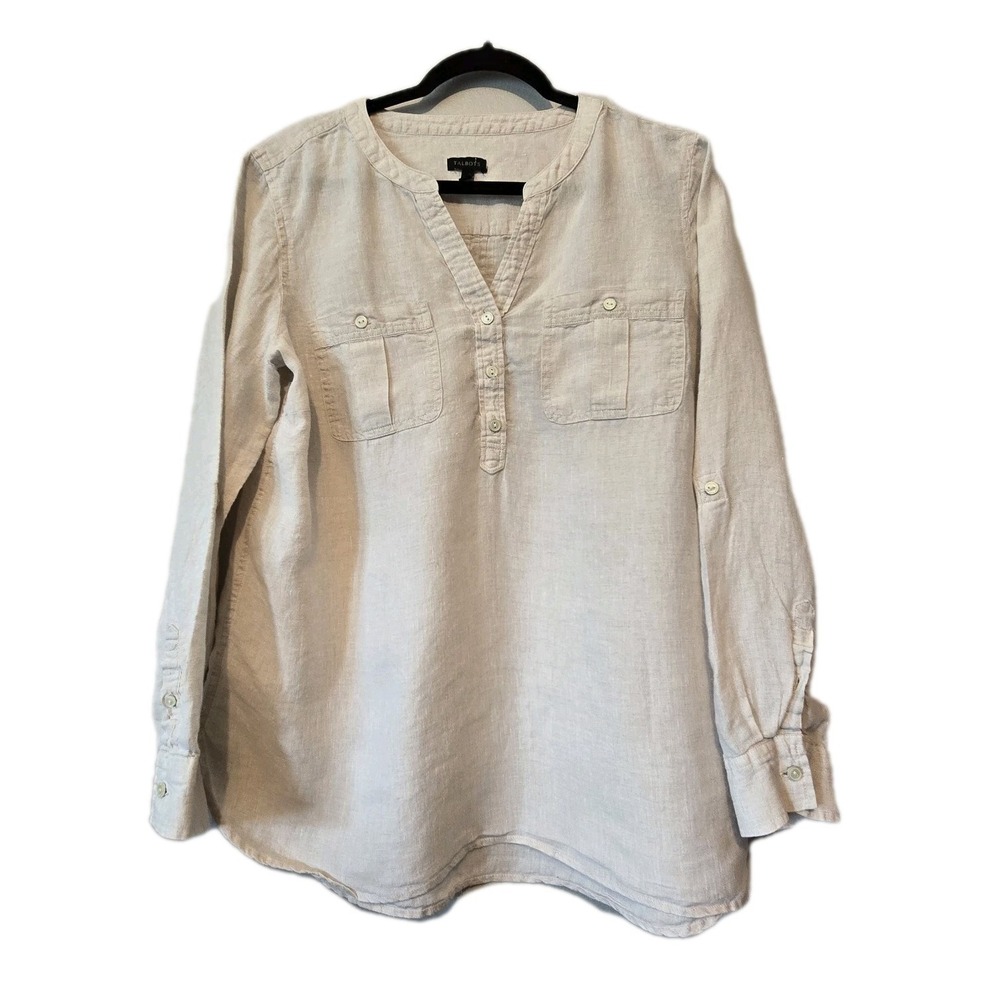 Talbots Linen Blouse Popover Top Shirt Women's L Beige Resort Summer Neutral - Picture 1 of 10